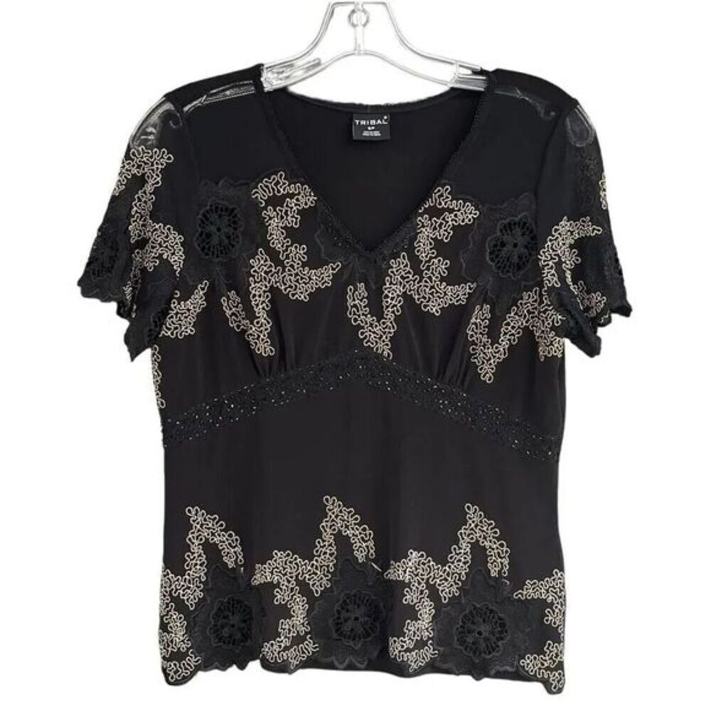 TRIBAL Black Embroidered Lace Sheer Stretch Short Sleeve Blouse Top Size Small